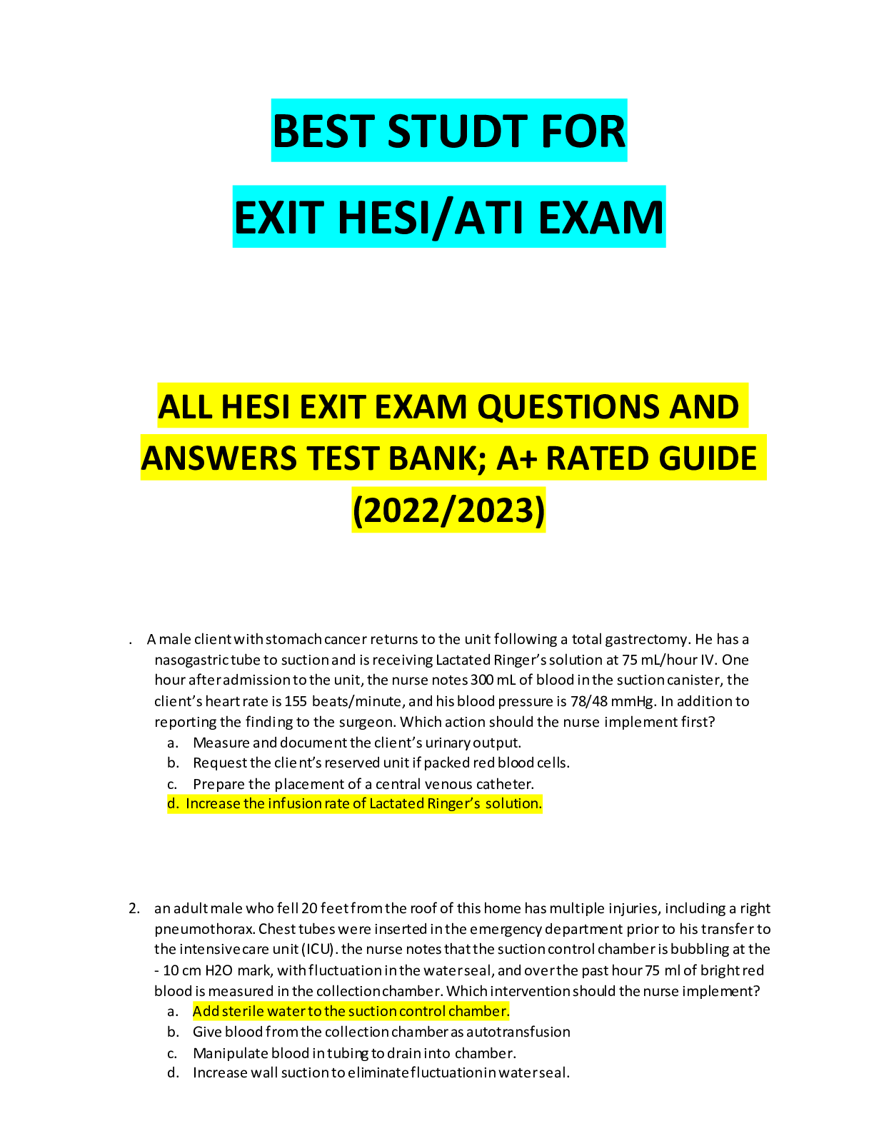 ALL HESI EXIT EXAM QUESTIONS AND ANSWERS TEST BANK; A+ RATED GUIDE